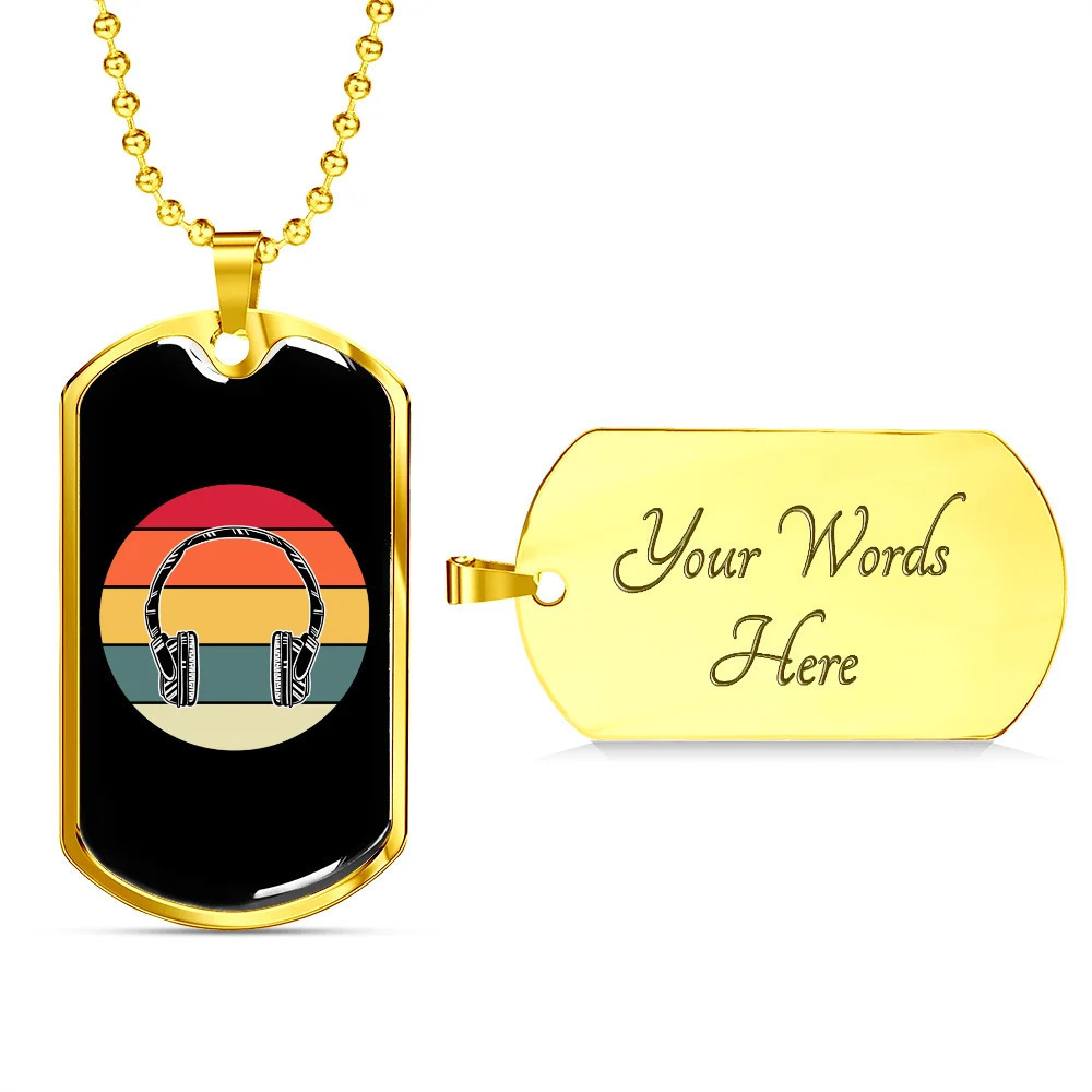 Musician Necklace Headphones Personalized Engraved Gold Dog Tag Necklace Custom